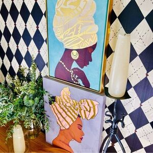 Large Portrait Art Set – Two Elegant Women Headwraps Gold Accents - 20” & 18”